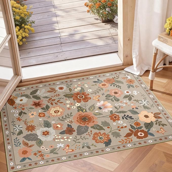 RELEANY Floral 2x3 Area Rugs Washable Print Boho Cute Carpet Non Slip Flower by RELEANY