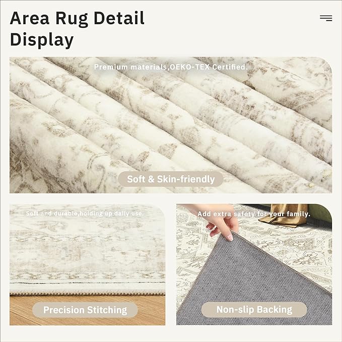 Soalmost 5x8 Area Rugs Beige/Brown Low Pile Indoor Washable Trendy Faded Style - Image 6