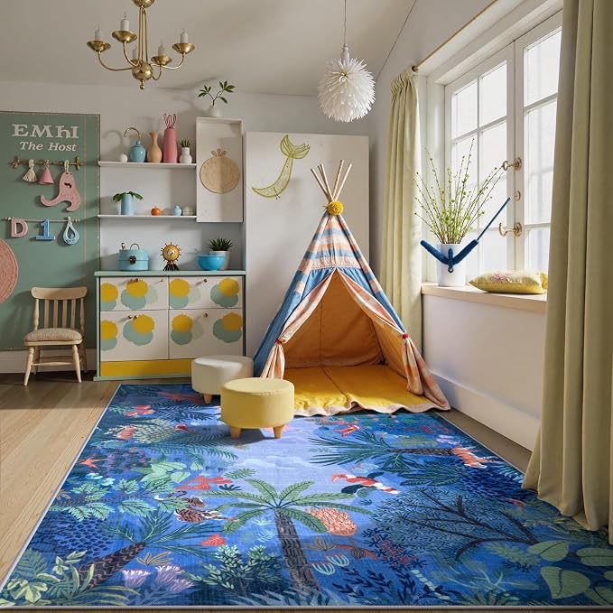 LIVEBOX Washable Jungle Animal Print Rugs 9x12 Blue Rugs - Image 7