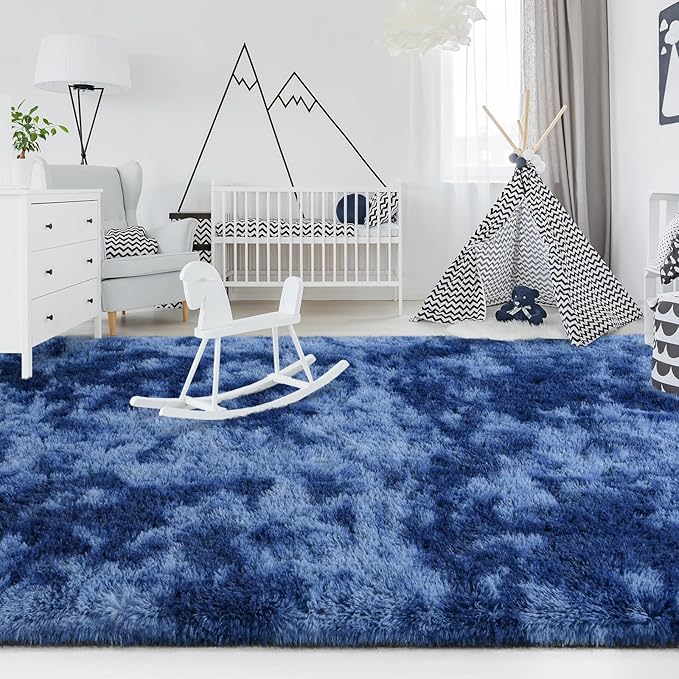 FlyDOIT Large Area Rugs for Living Room, 4x6 Feet Tie-Dyed Navy Blue Shaggy Rug - Image 4