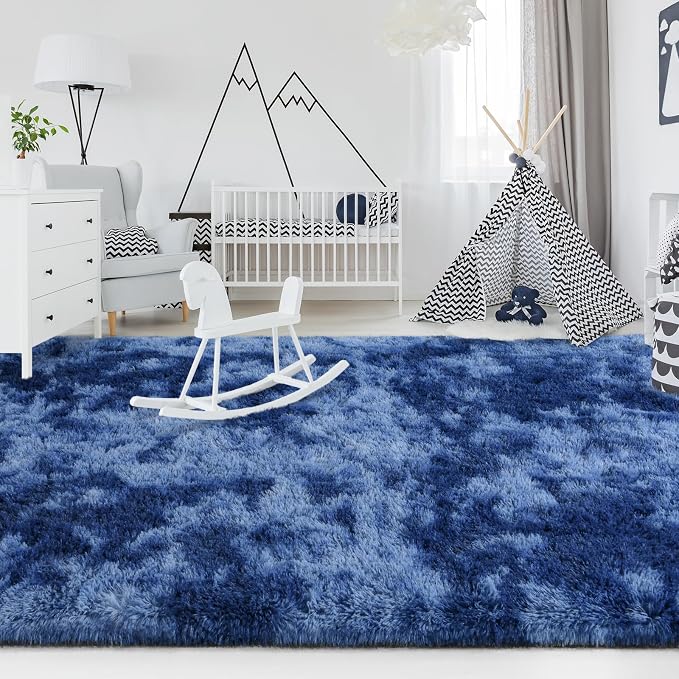 FlyDOIT Large Area Rugs for Living Room, 5x8 Feet Tie-Dyed Navy Blue Shaggy Rug - Image 4