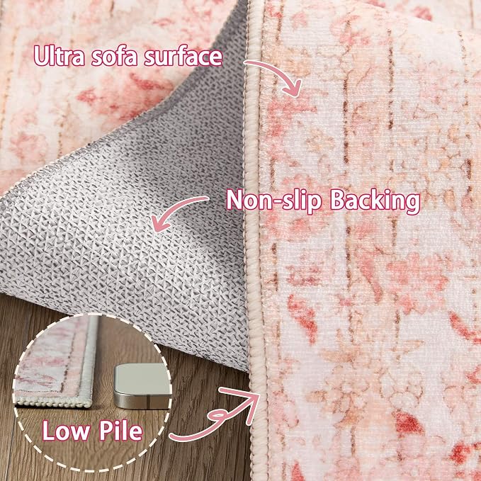 Latte&Fog Washable Pink Rug, Vintage 5x7 Area Rugs - Image 8