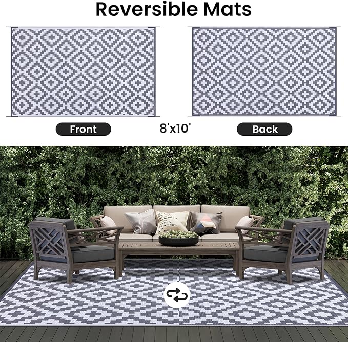 Smiry Waterproof Outdoor Rug 8x10 ft, Reversible Plastic Straw Patio Camping - Image 3