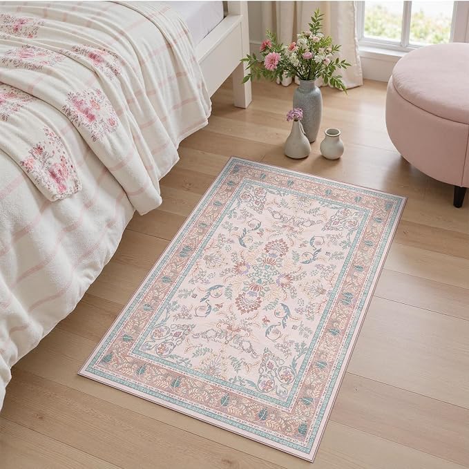 DCX 3x5 Pink Vintage Floral Rug, Machine Washable Non Slip Low Pile Carpet - Image 9