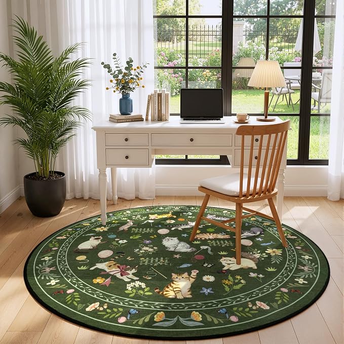 Unirea 4x4 Dark Green Cat Round Area Rugs, Washable Soft Non Slip Circle Rug - Image 8