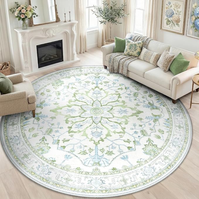 RELEANY Area Rugs Round 8ft Washable Non-Slip, Floral Vintage Distress by RELEANY
