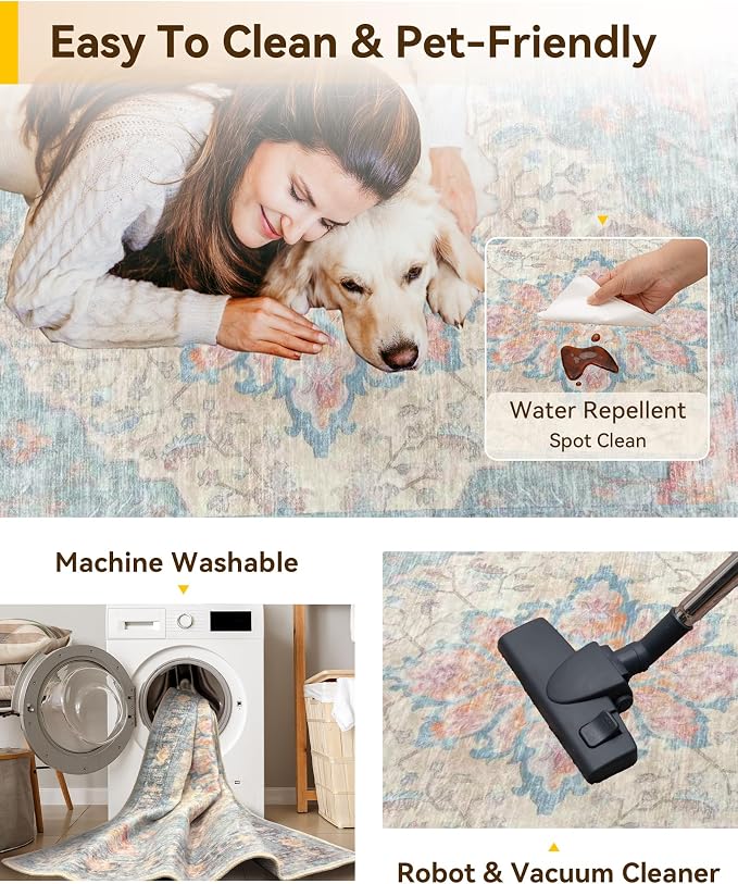 RELEANY Area Rugs 6'x9' Washable Non-Slip, Floral Vintage Distress Medallion - Image 4