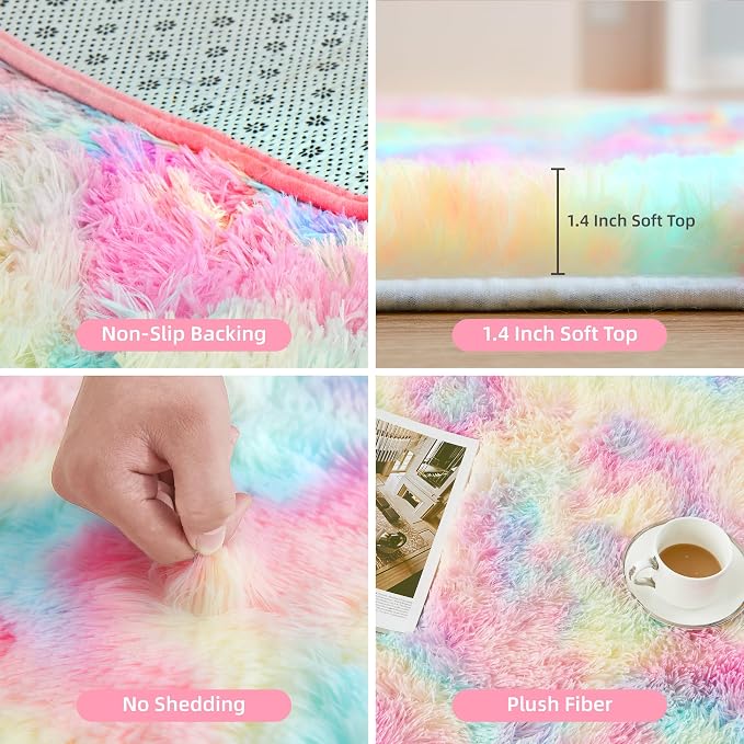 Litanika 5x8 Shag Area Rug for Living Room Bedroom, Tie-Dyed Rainbow High Pile - Image 5