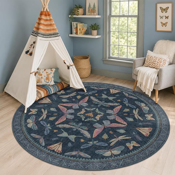 Dark Blue Vintage Playroom Round Rug 6ft, Washable Soft Area Rug by HazoHaus