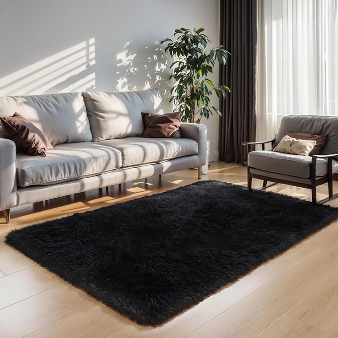 KICHOWUA 5x8 Black Fluffy Shag Rug - Image 8