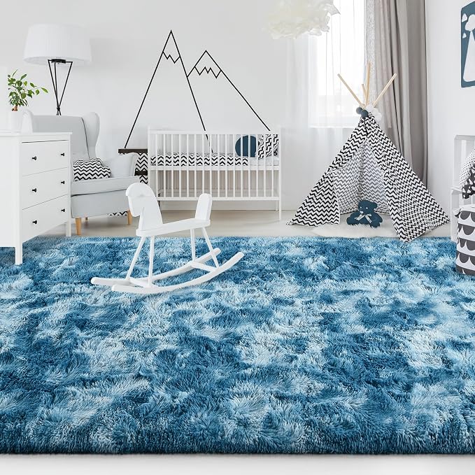 FlyDOIT Large Area Rugs for Living Room, 5x8 Feet Tie-Dyed Dark Blue Shaggy Rug - Image 4