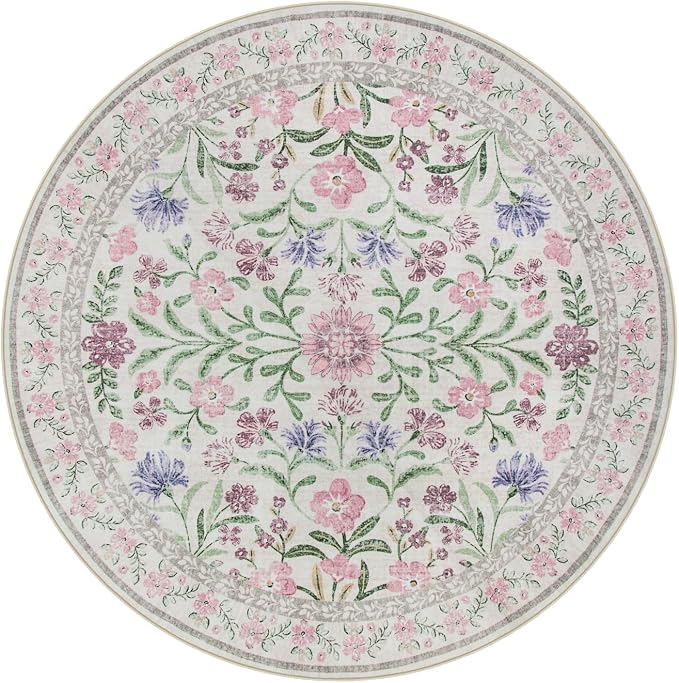 Wonnitar Floral Purple Round Area Rug 5ft, Soft Washable Kids Room Rug - Image 8