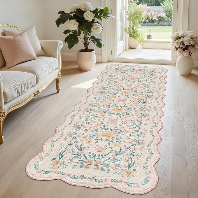 Hallway Runner Scalloped Floral Rug 2.6x8 Washable Non Slip Pink | Soft - Image 2