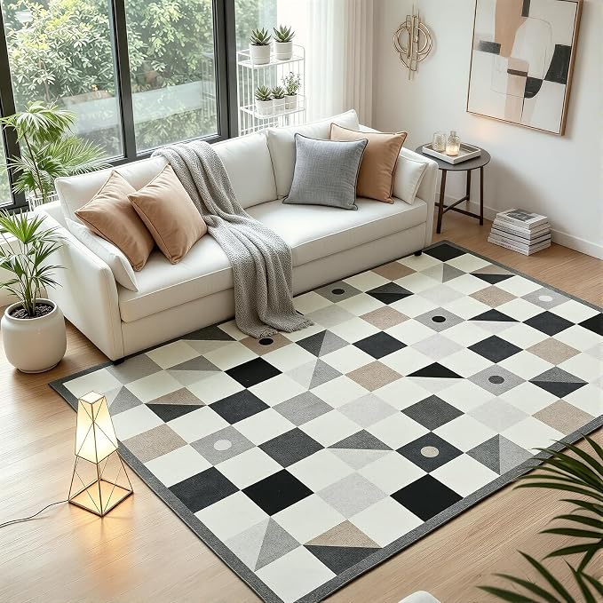 Terrug Grey and Beige Geometric Checkered Rug - Image 3