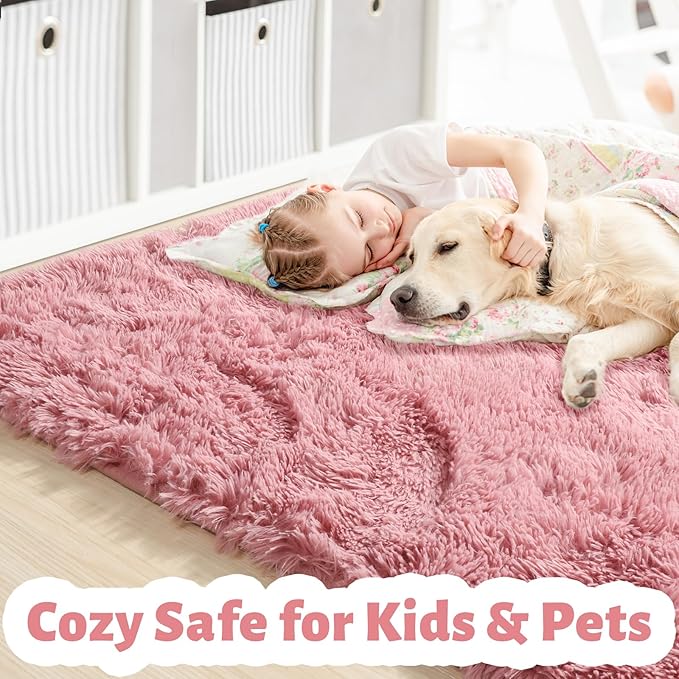 Amdrebio Blush Pink Area Rugs for Girls Bedroom, Furry Fluffy Cute Small Rug - Image 2