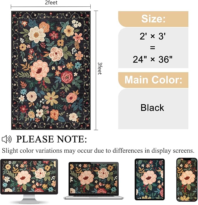 DUKINO 2x3 Rugs for Entryway, Floral Indoor Washable Door Mat, Non Slip Boho - Image 2