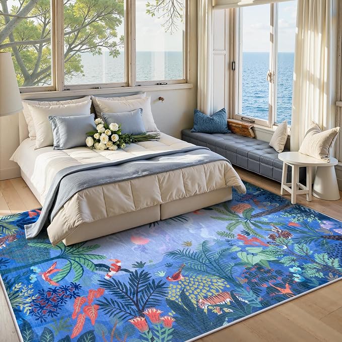 LIVEBOX Washable Jungle Animal Print Rugs 9x12 Blue Rugs - Image 2