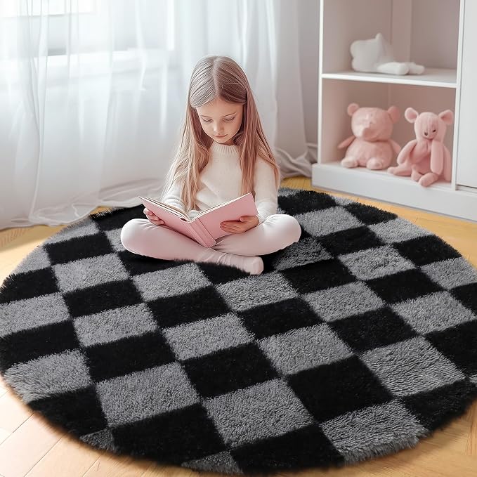 KICMOR Round Rugs 5ft Black and Grey Circle Area Rug, Fluffy Soft Fuzzy Shag by KICMOR