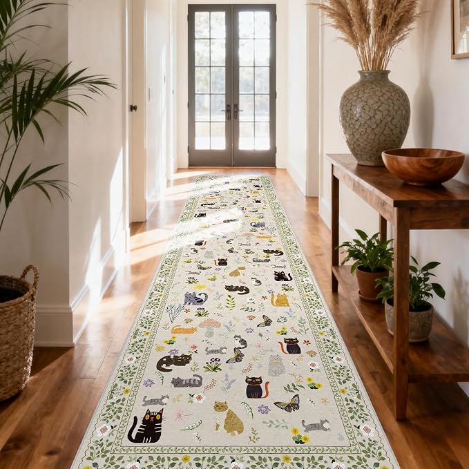 Washable 2x10 Hallway Runner Rug: Non Slip Soft Long Low Pile Animal Cat Print - Image 7