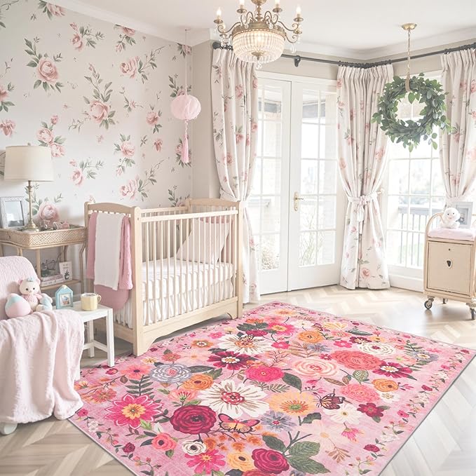 Pink Floral Bedroom Rug 5x7, Non-Slip Washable Area Rug by WelcometoBabovid