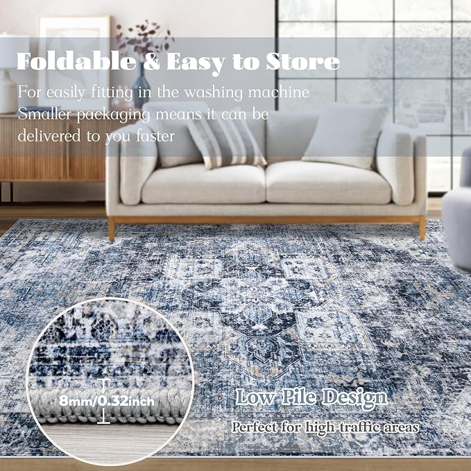 Area Rug 9x12 Washable Rug, Vintage Boho Medallion Rugs Non-Slip Soft Low Pile - Image 7