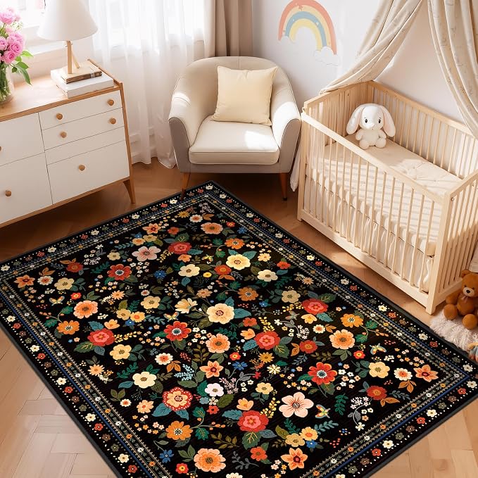 5x7 Area Rugs for Living Room Vacuum-Friendly Machine Washable Area Rug Flower - Image 2