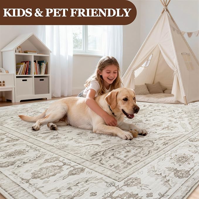 9x12 Area Rugs for Living Room:Beige Washable Vintage Medallion Carpet Non-Slip - Image 7