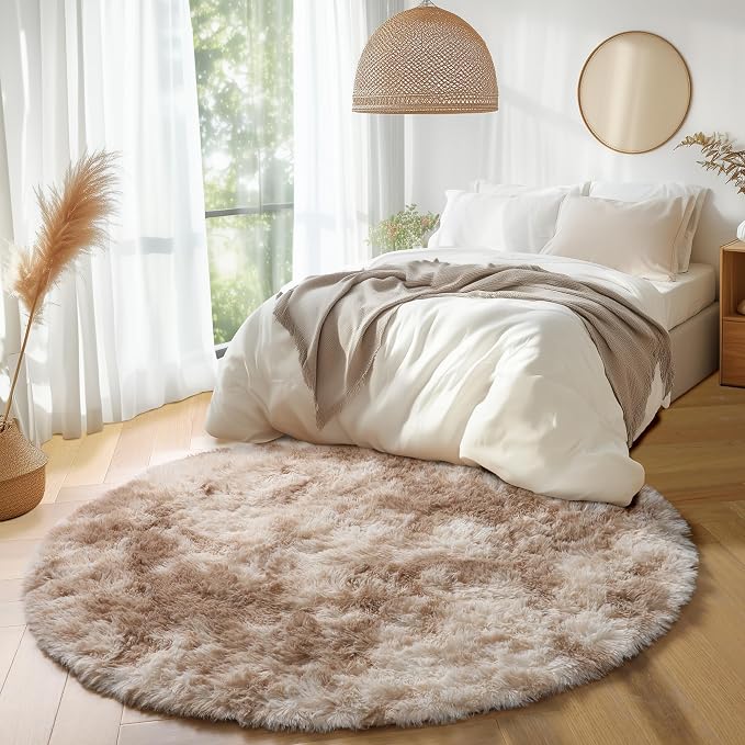 Amdrebio Tie-Dyed Beige Tan Round Circle Area Rug 5Ft - Image 5