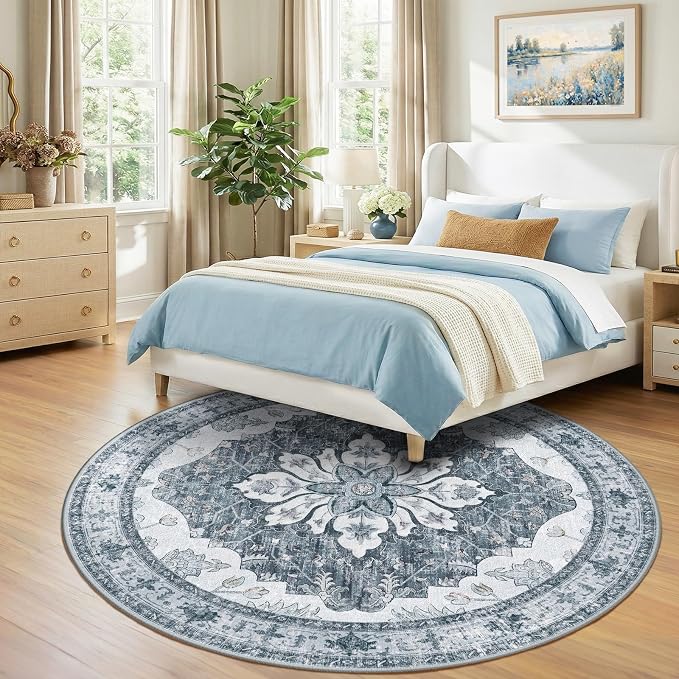 RELEANY Area Rugs Round 10ft Washable Non-Slip, Floral Vintage Distress - Image 2