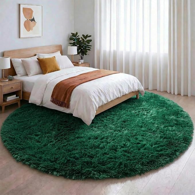 Amdrebio Dark Green Fluffy Round Rugs 5Ft - Image 9