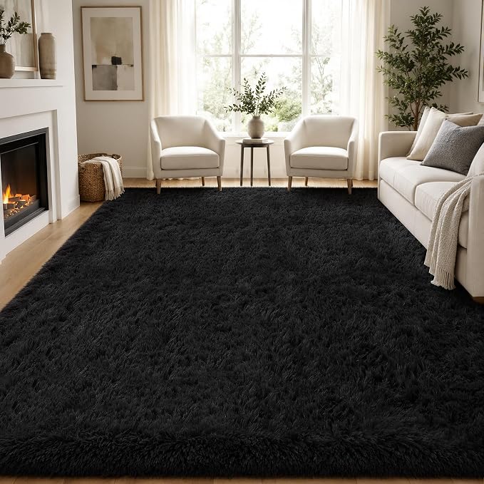 8x10 Area Rugs for Living Room Bedroom: Soft Fluffy Black Shag Upgrade Non-Slip - Image 2