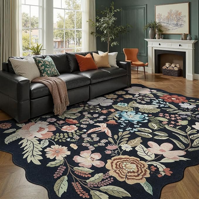 DCX Black Floral Rug 8x10, Washable Black Rug by DCXWashableRug