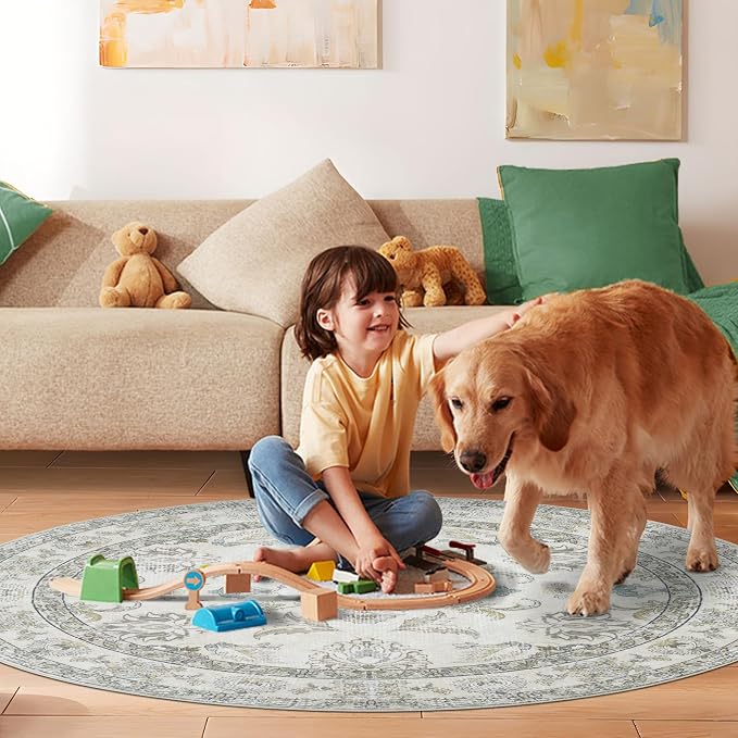 Round 6Ft Washable Area Rug, Vintage Floral Low Pile Non Slip Carpet - Image 5