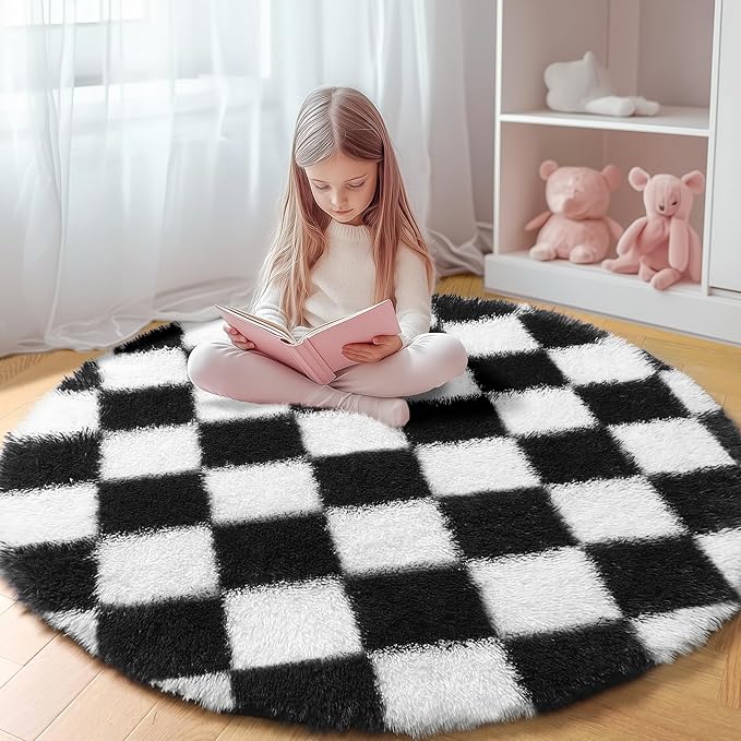 KICMOR Round Rugs 7ft Black and White Circle Area Rug, Fluffy Soft Large Fuzzy by KICMOR
