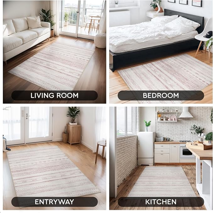 3x5 Pink Area Rug Machine Washable Non Slip Rug Distressed Neutral Moroccan - Image 7