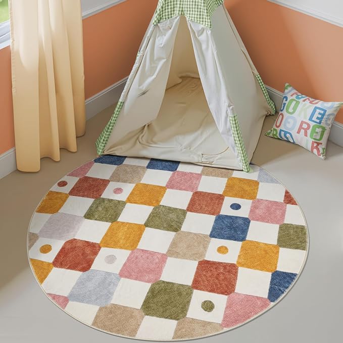 jinchan Macy 4ft Round Rug for Kids Room Modern Colorful Checkered Diamond - Image 3