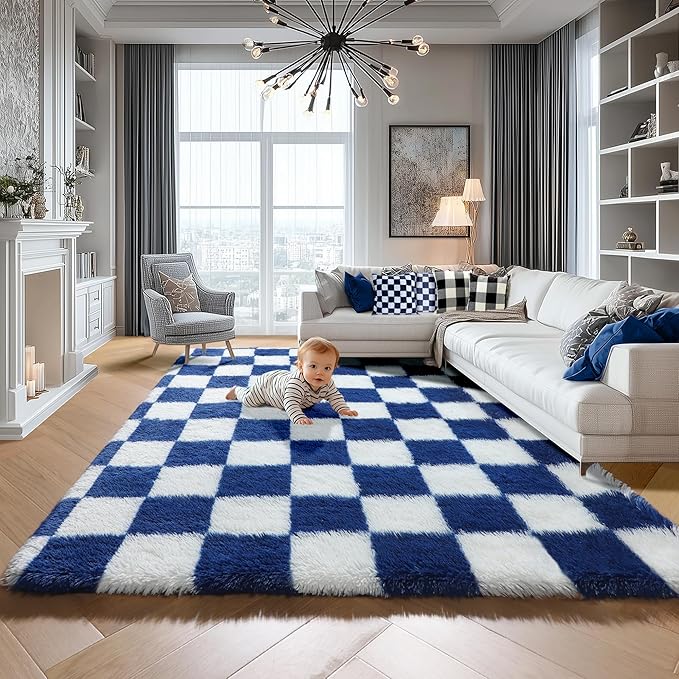 KICMOR 8x10 Area Rugs for Living Room, Large Fluffy Soft Checkered Shag Shaggy - Image 5