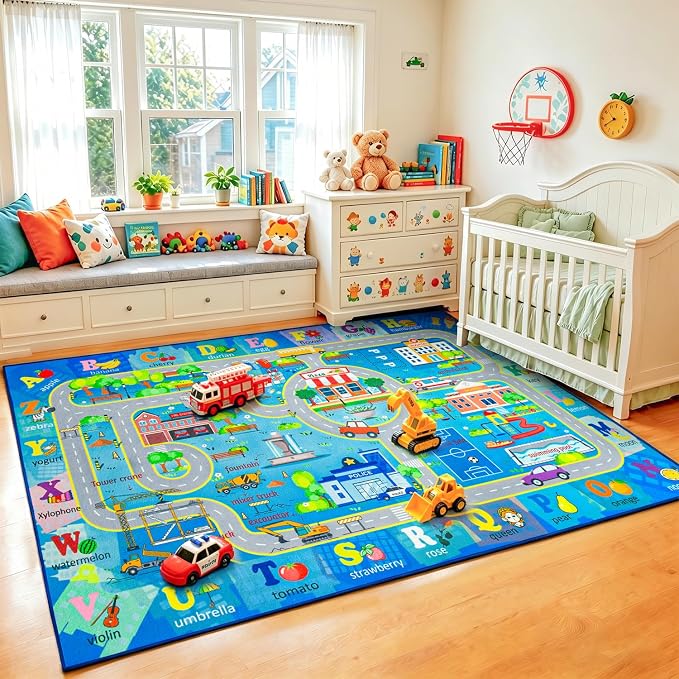 Chicrug 4x6 Car Road Area Rug for Kids Playroom Bedroom, Non Slip Low Pile - Image 6