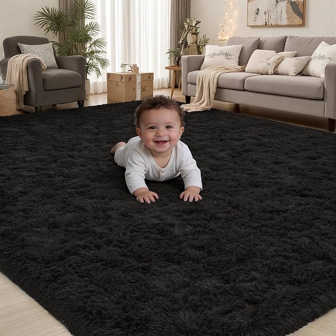 Area Rug for Living Room Bedroom: 4x6 Black Soft Fluffy Shag Upgrade Non-Slip by PLHXFRSoftAreaRugs