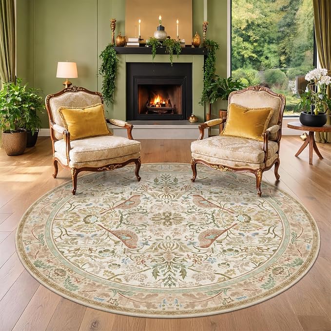Vintage Beige 8ft Round Rug for Dining Room Under Kitchen Table - Image 3