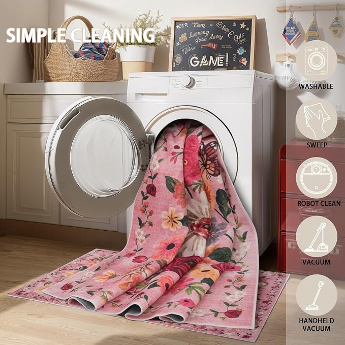 Pink Floral Bedroom Rug 4x6, Non-Slip Washable Rugs - Image 7