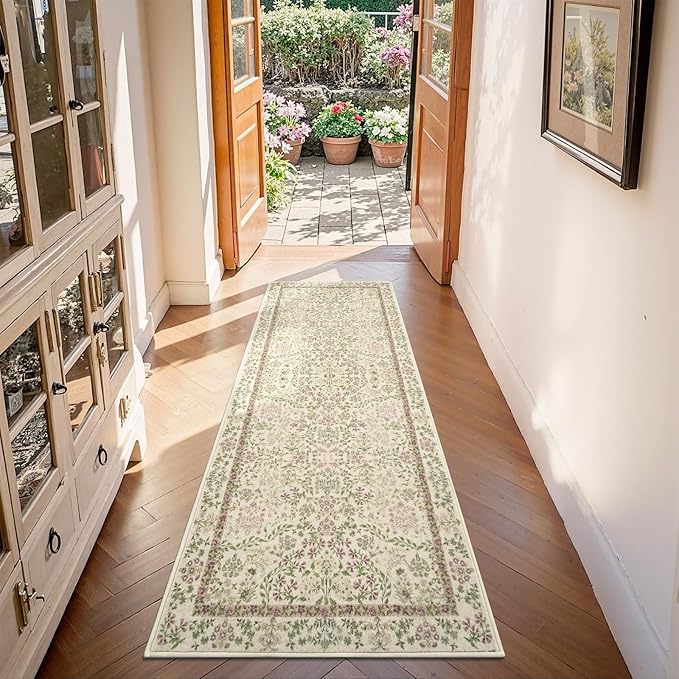 jinchan Zenith Floral Runner Rug 2x5 Washable Kitchen Runner Non-Slip Low-Pile - Image 2