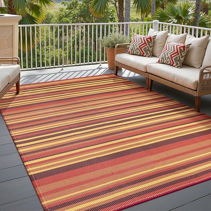 Outdoor Plastic Straw Rug Waterproof Patio 6x9 Red Orange Stripe Mat by WondRg