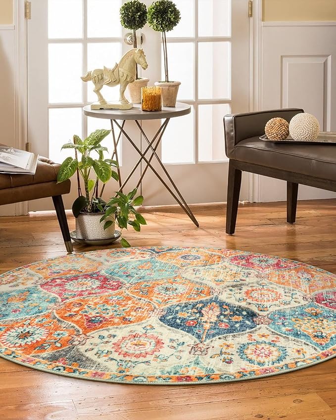 Lahome Round Moroccan Washable Rug, Soft Vintage Small Round Rug 3ft Non-Slip - Image 5