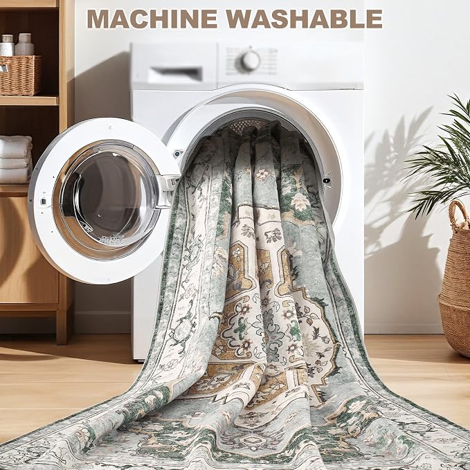 10x12 Washable Area Rug: Vintage Neutral Soft Non Slip Thin Large Floor Carpet - Image 5