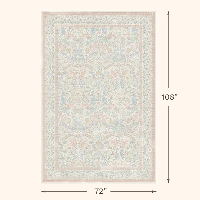 Light Pink 6x9 Girl Bedroom Rug Low Pile & Soft, Botanical Floral Washable - Image 2