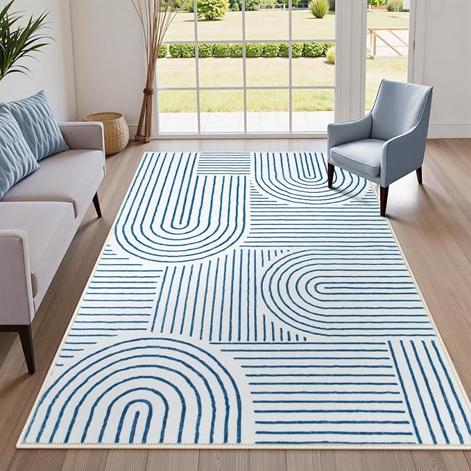 Lahome Abstract Washable Area Rugs 5x7, Soft Blue Rugs by Lahome