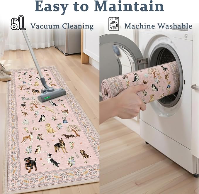 Floral Dog Runner Rug Pink Carpet Non-Slip, 2x10 Washable Rug Ultra-Thin Soft - Image 8