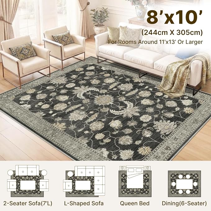 8x10 Area Rug for Living Room-Vintage Farmhouse Boho Floral Washable Stain - Image 2