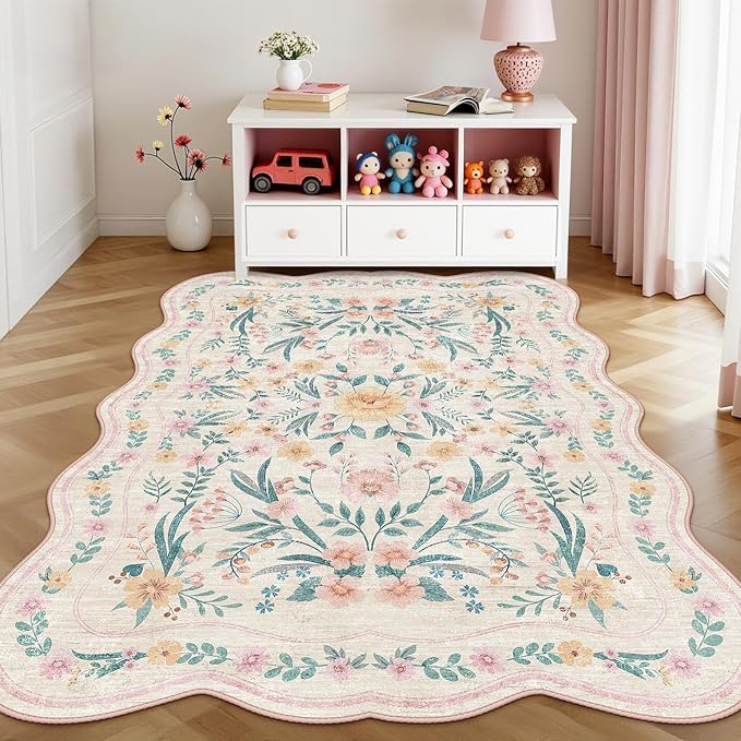 Scalloped Pink Floral Rug 6x9, Washable Soft Faux Wool Area Rug - Image 6